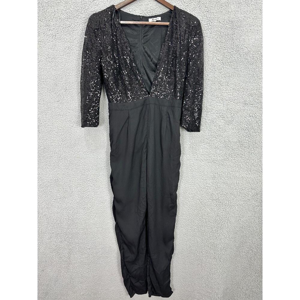 Xtaren Black Sequin Jumpsuit Women's Small Deep V Neck Party Evening Romper Glam